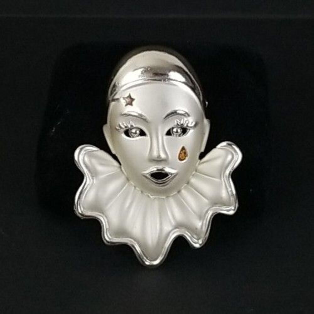 Brooch Pin Vtg Pierrot Clown Face Tear Drop Star Gold Tone 2.5" Tall 2" Wide